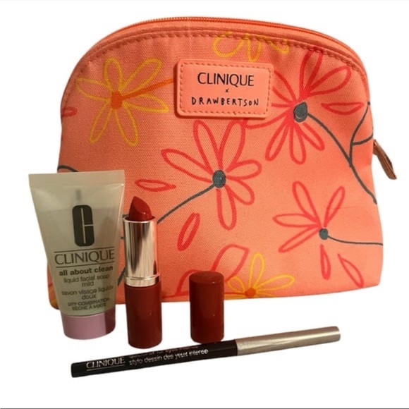 Clinique Other - Clinique Set of 4 including Pink Floral Cosmetic Bag with Lipstick and Eyeliner